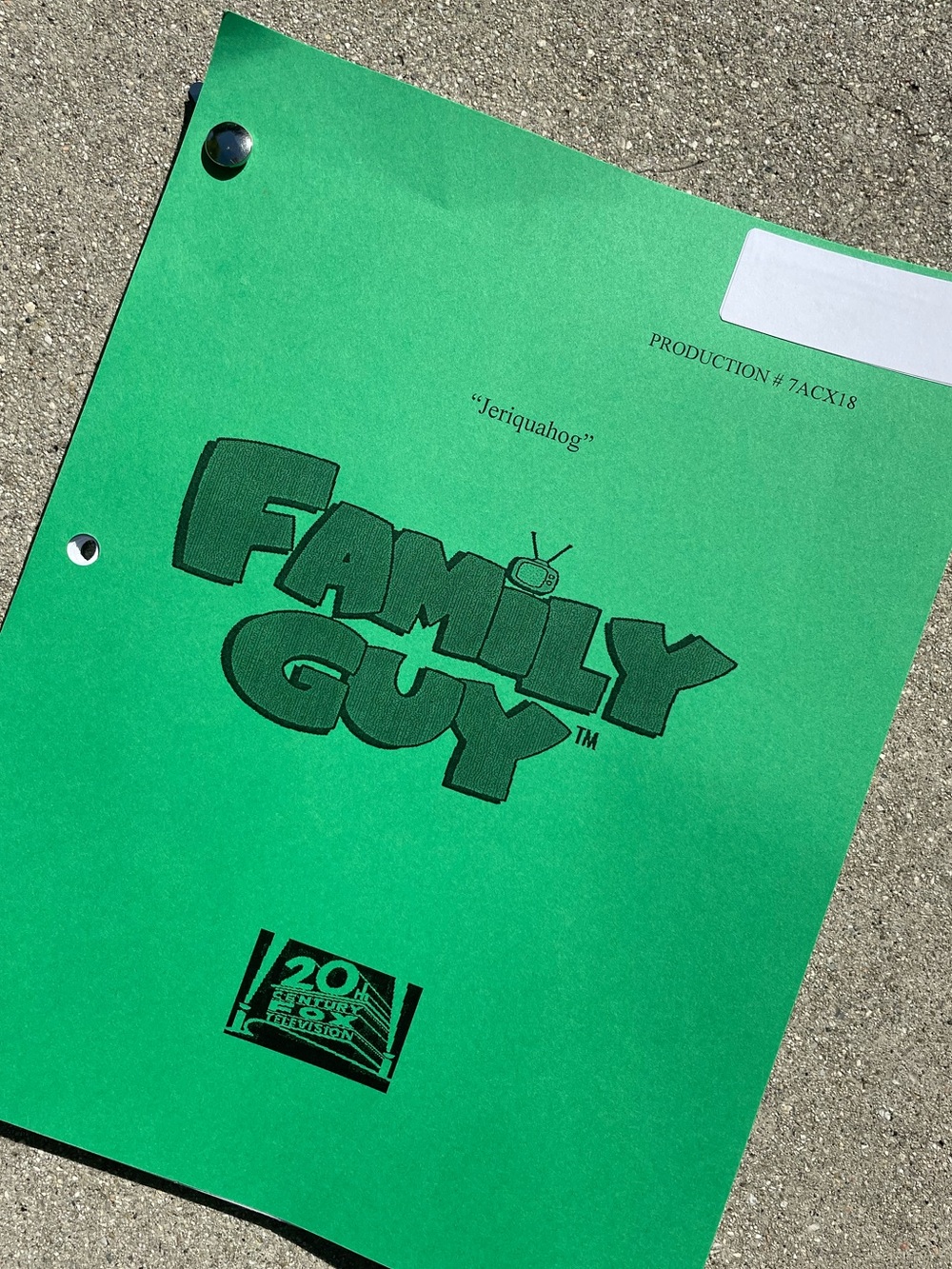 Family Guy 2013 Jeriquahog Production Used Table Script Anne Hathaway PRE-TITLE